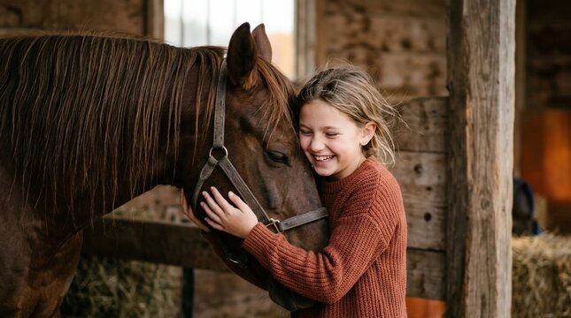 Little girl hugging and petting a brown horse in a barn