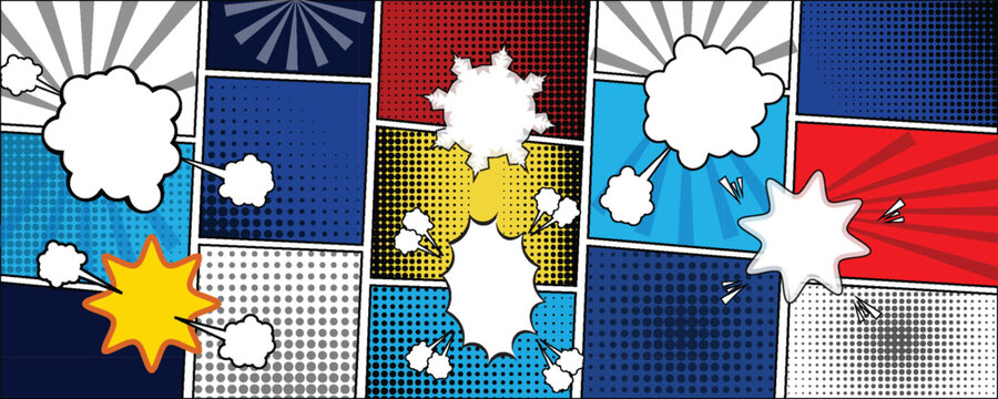 Comic book bubbles. Cartoon explosions funny comical speech clouds, comics words, thinking bubbles and graphic conversation text elements vector illustration set. Comic book emotional bubbles