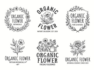 Obraz premium Set of organic flower logo templates with hand drawn botanical illustrations