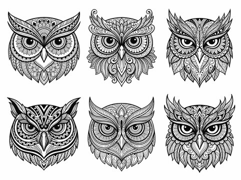 Set of six decorative owl heads with intricate patterns
