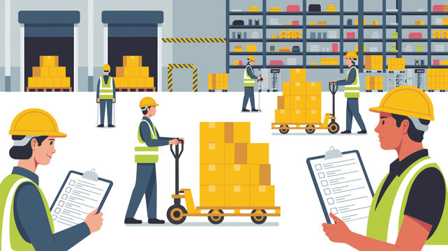 Logistics employees in bright green safety vests hold clipboards and operate manual pallet jacks near warehouse loading docks and inventory shelving in a vector art style.