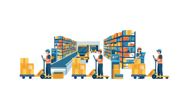 Warehouse workers utilize multiple pallet jacks and conveyor belts to move freight around parked delivery trucks and high-density storage shelving in a flat vector illustration.