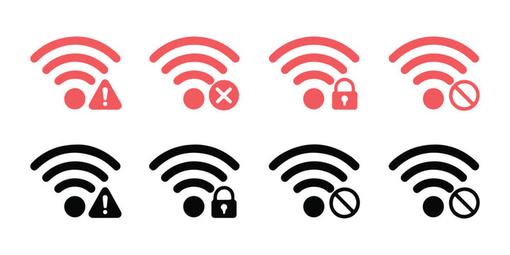 Set of warning and restricted wifi signal icons in black and red colors for secure network connectivity.