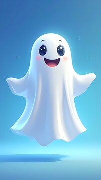Happy cartoon ghost character smiling.