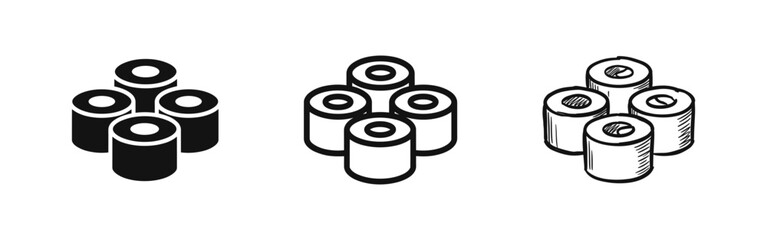 Sushi Roll Icon Set - Japanese Food Symbols in Solid, Outline, and Sketch Styles © drawing lines