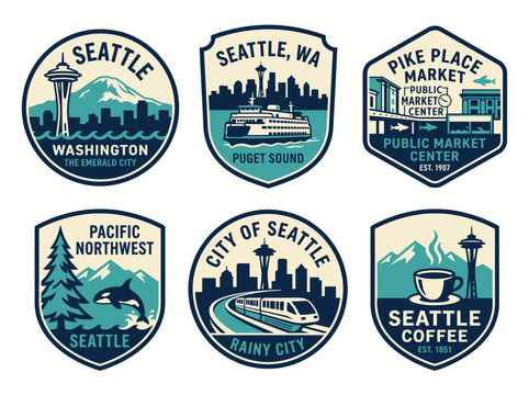 Set of seattle city travel emblems, badges and patches