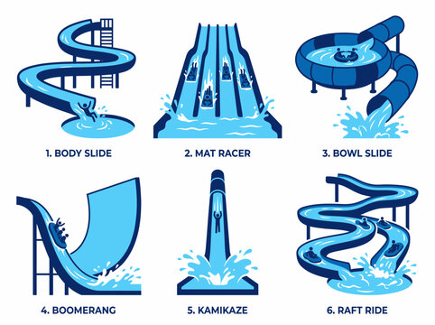 Set of water park slides icons, flat vector illustration