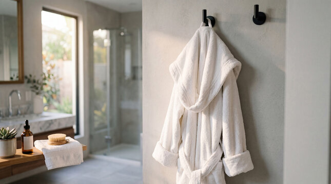 White bathrobe hanging on wall hook in modern bathroom. Comfortable clothing for spa relaxation. Interior design concept of minimalist house home lifestyle and luxury hygiene routine.