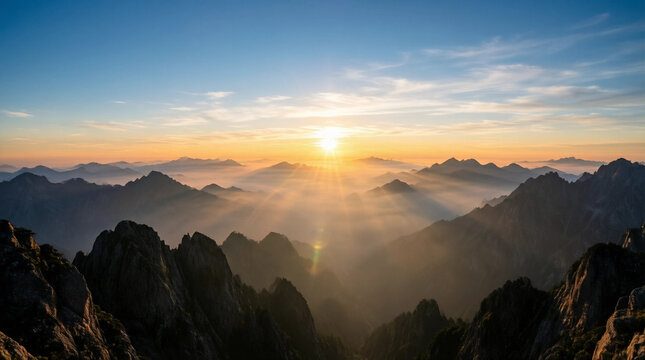 Sunrise over mountain peaks with misty valleys and golden light rays breaking through clouds