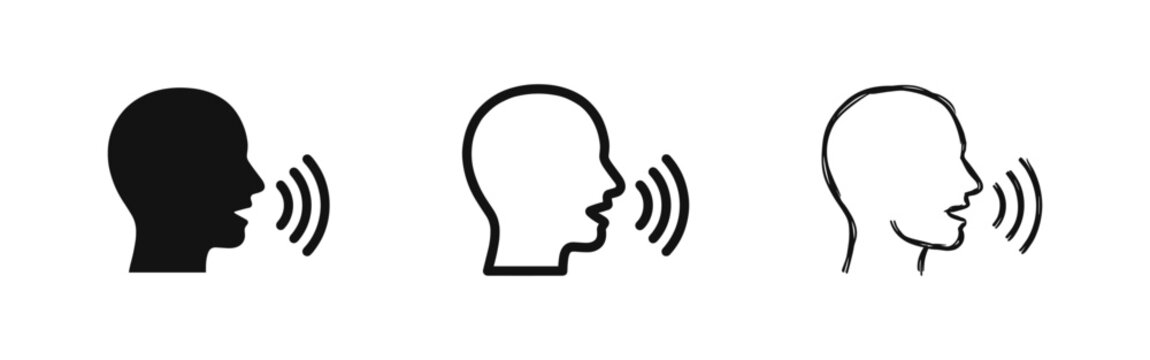 Voice Command Icon Set - Speaking Human Head and Sound Wave Symbols for Communication