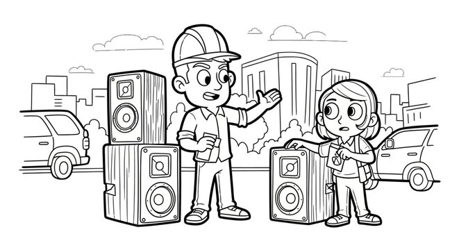 Two cartoon workers with large stereo speakers outdoors.