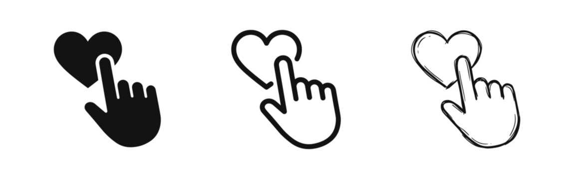 Social Like Icon Set - Hand Clicking Heart in Solid, Outline, and Sketch Styles