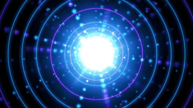 Blue Neon Tech Visualizer Tunnel - Animated Cyber Sound Wave Circular Equalizer and Glowing Light Burst Target Element on Black Background
