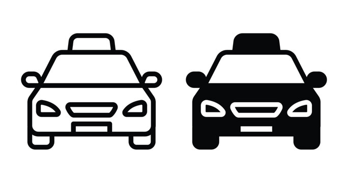 Two black taxi cab vehicle icons displayed in simple linear and solid silhouette graphic design styles