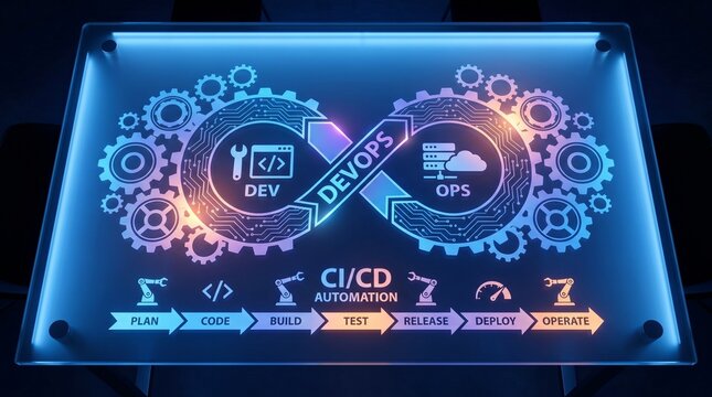Devops and ci cd pipeline concept with illuminated display