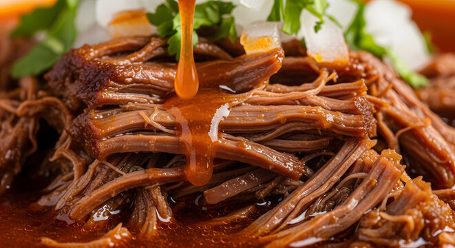 Beef birria is topped with fresh cilantro and onion while rich consomm&eacute; is drizzled over the shredded meat.