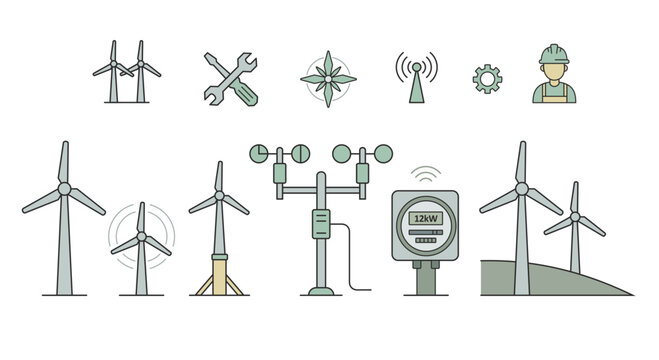 Wind energy and turbine maintenance vector line icon set