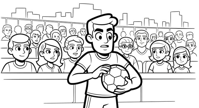 Cartoon soccer player holding ball in stadium setting.