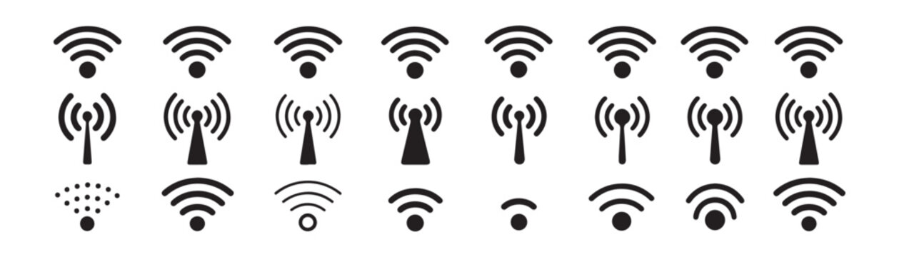 Wifi signal icons different levels of strength and transmission in black on transparent background for design.