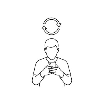 Man Holding Smartphone with Refreshing Arrows Icon Above.