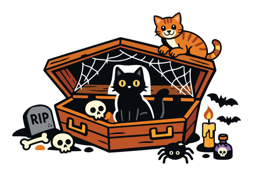 Two cute cats celebrating Halloween with a black cat sitting inside a spooky coffin and an orange cat looking from above