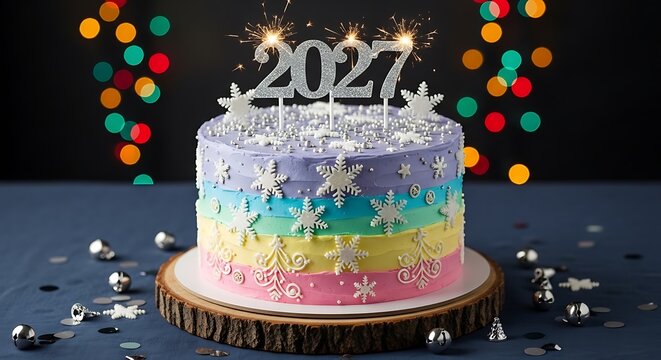 Festive Colorful New Year 2027 Cake Decorated with Snowflakes and Sparklers on Wooden Stand with Bokeh Background