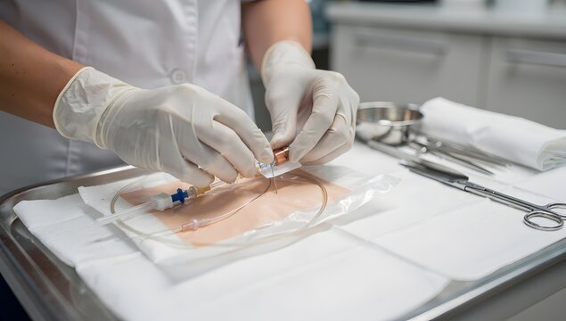 Ultra-realistic close shot of nurse hands handling a long-duration venous catheter kit, central venous line access in hospital, calm sterile tone, crisp instrument detail, premium image realism