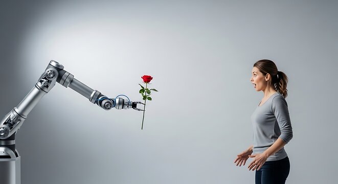 Surprised Young Woman Receiving Red Rose from Futuristic Industrial Robotic Arm on Studio Background