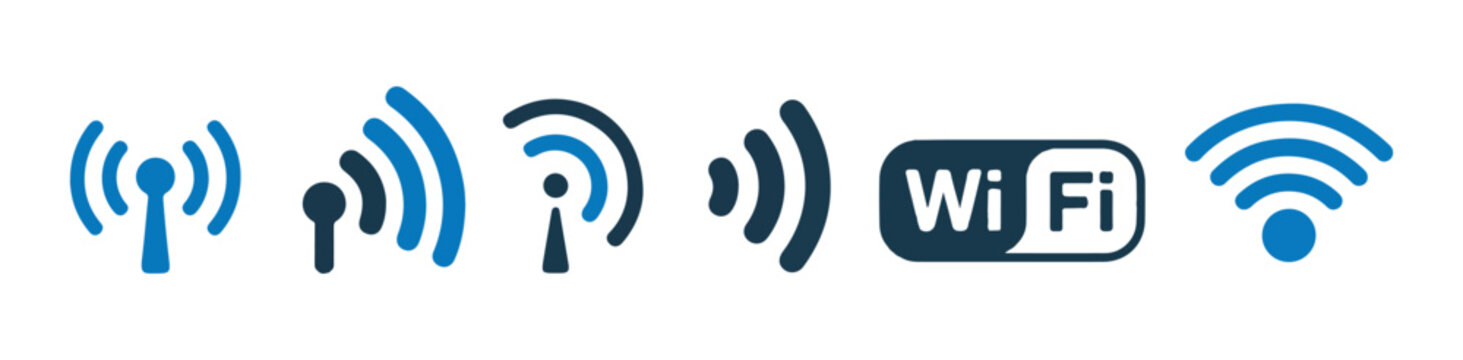 Stylish wifi icons in blue and dark blue tones representing signal and connectivity on transparent background.
