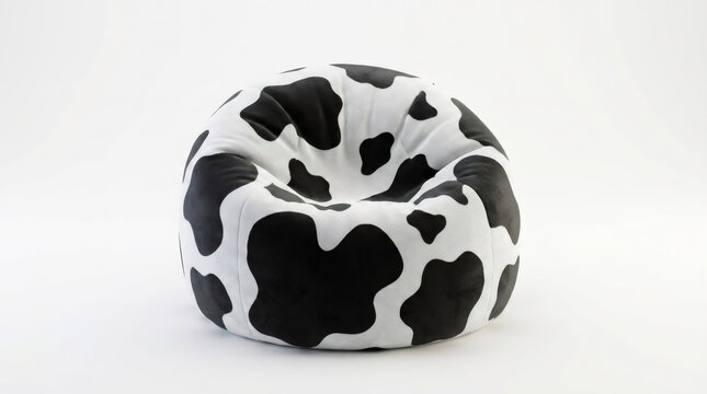 Modern round bean bag chair with black and white cow print pattern isolated on white