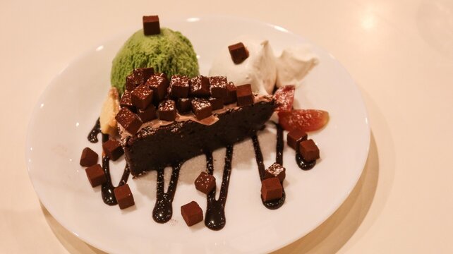 close up of a chocolate brownie cake with green tea matcha ice cream and cream on the sides. Melt chocolate suace and chocolate dice added as decoration on a white plate with copy space