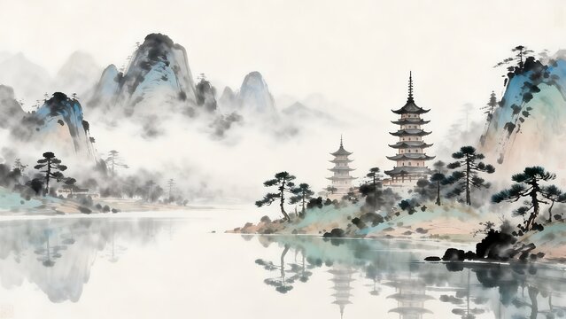 Traditional Asian landscape with pagodas