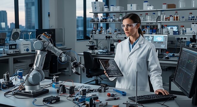 Female Scientist in Lab Coat Using Digital Tablet to Control Robotic Arm in Modern Laboratory Workspace