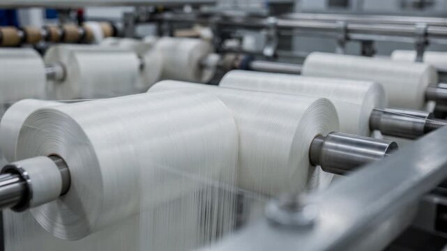 Closeup medium shot of polyester yarn winding on spools designed for conveyor belt production emphasizing smooth consistent fiber texture and industrial setup