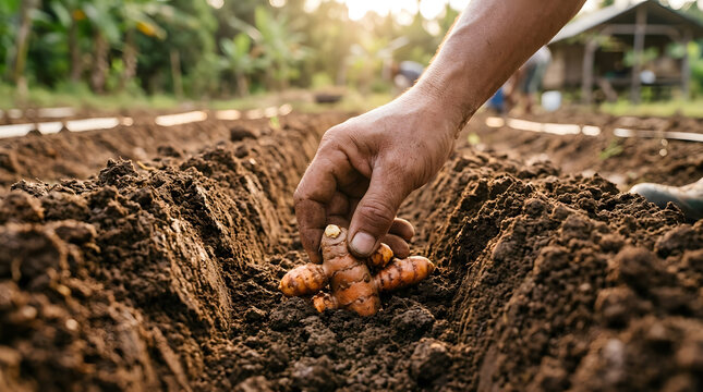 Hand planting turmeric rhizome in fertile soil | Organic farming and home gardening practices | Sustainable agriculture and herb cultivation | Growing fresh turmeric root from seed
