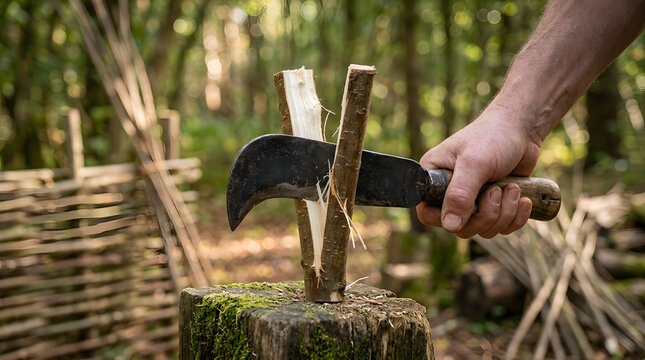 Traditional hazel coppicing techniques with billhook | Green woodworking skills in a forest setting | Hands-on wood splitting for hurdle making | Manual tool usage for sustainable woodland management