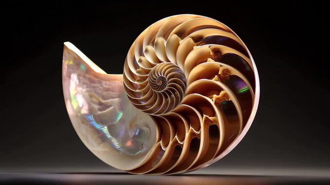 Explore a detailed view of a nautilus shell with intricate patterns and colors reflecting light in a studio setting