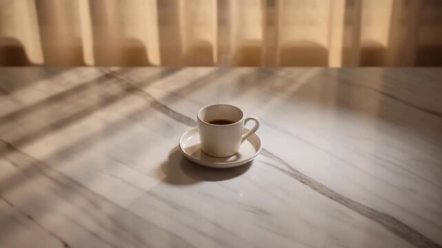 White coffee cup on marble table in warm sunlight