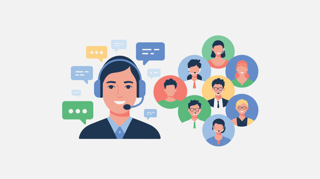 A professional customer service representative wearing a headset manages multiple incoming communication requests surrounded by colorful chat bubbles and various client user profil