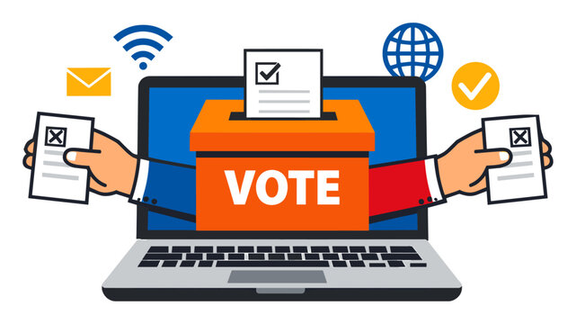 Hands emerging from a laptop screen, casting ballots into a digital vote box representing online elections and democracy