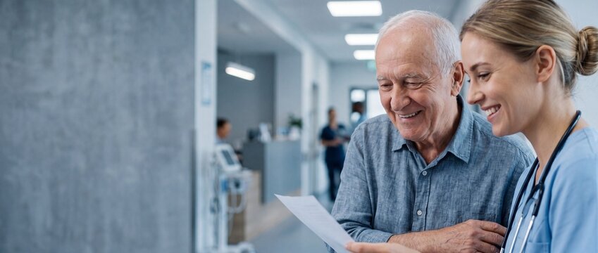 Senior patient female nurse smiling looking at medical results in hospital clinic corridor, happy elderly man receiving good news from healthcare professional, geriatric wellness medical banner care