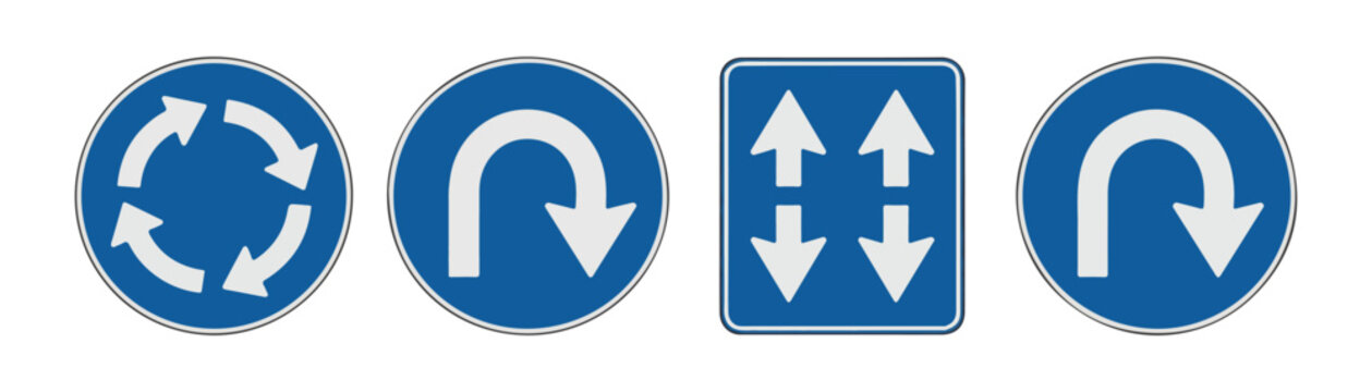 Set of blue road traffic signs featuring circular arrows U-turn and directional movement for traffic control.