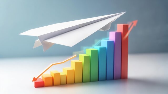 Paper airplane over colorful bar graph