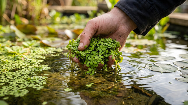 Hand holding green duckweed in garden pond | Lemna minor aquatic plant for aquarium starter | Sustainable pond maintenance and water plant care | Floating aquatic vegetation for natural filtration