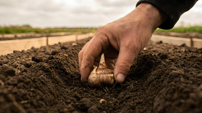 Hand planting flower bulbs in fertile soil | How to plant freesia corms in the garden | Gardening expert planting spring bulbs in soil trench | Manual labor in agricultural field planting crops