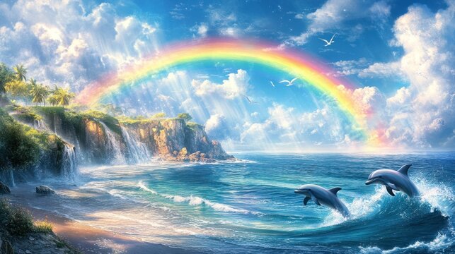 Paradise beach with rainbow and dolphins