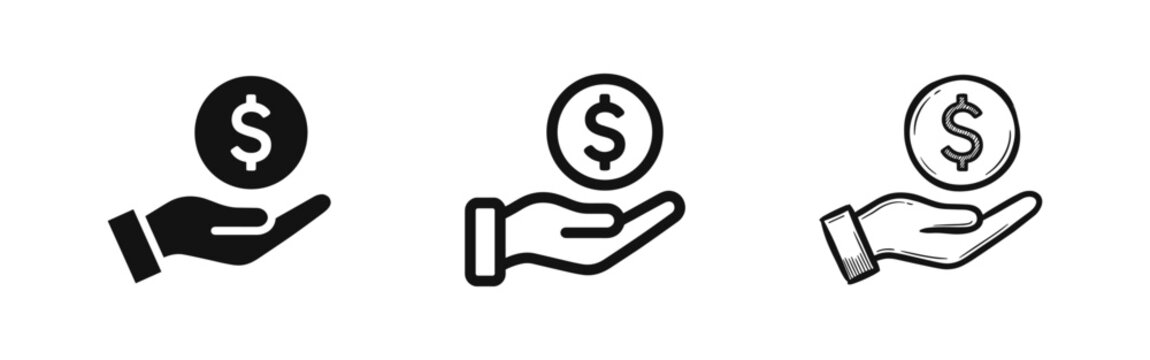 Hand Holding Money Dollar Coin Icon Set