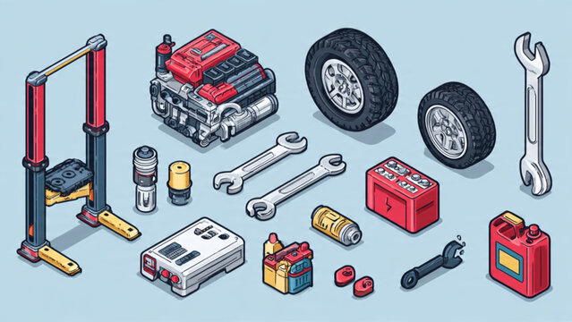 Automotive Repair Tools and Car Parts Set.