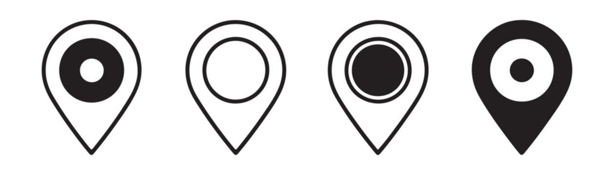 Map pointer icon variations, location marker, destination symbol, pin design, outline.