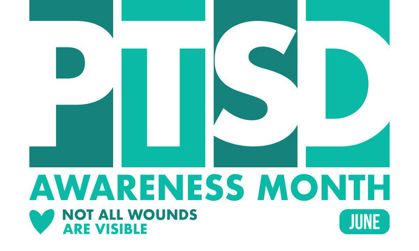 PTSD Awareness Month in June. Post Traumatic Stress Disorder. Celebrated annual in United States. Medical health care and awareness design. Poster, card, banner and background. Vector illustration